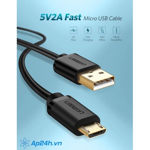 Ugreen 10836 - USB 2.0 to Micro B flat cable - Đen - 1m
