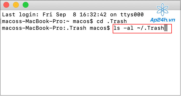 Nhập lệnh ls -al ~/.Trash