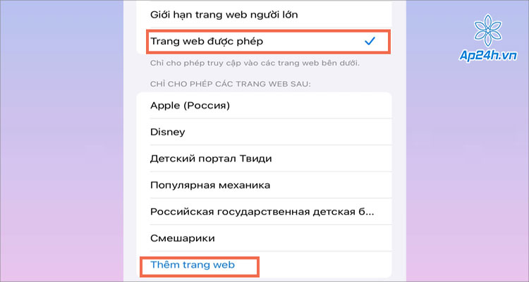  Chỉ trang web được phép