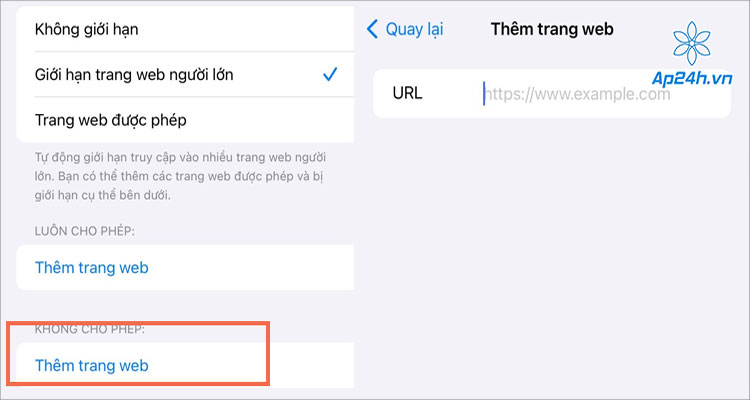 Thêm các link trang web bạn muốn chặn