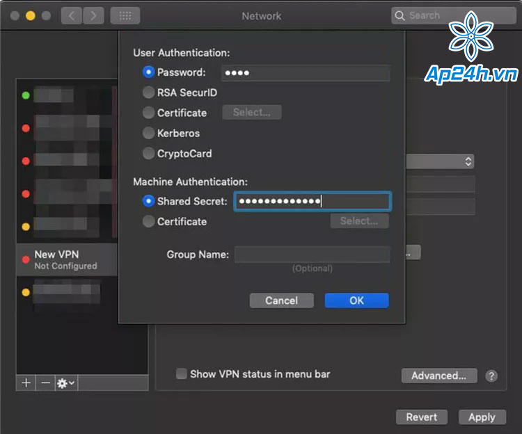 Nhập Mật khẩu vào hai mục Password và Shared Secret