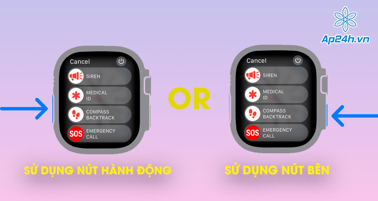 Vị trí nút bật còi báo động trên Apple Watch Ultra