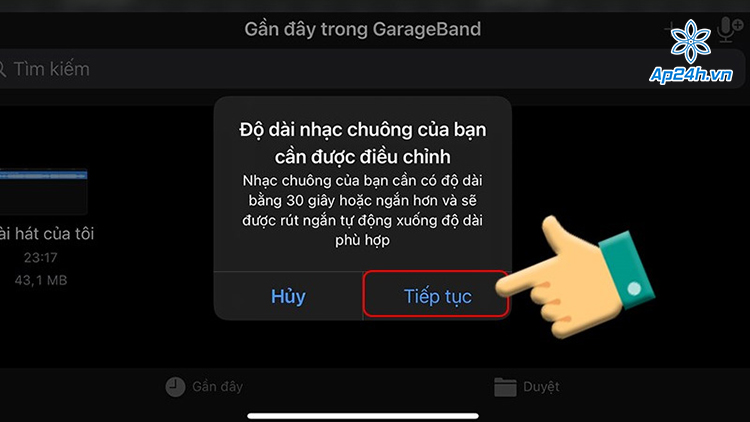 Click Tiếp tục tại bảng điều chỉnh độ dài