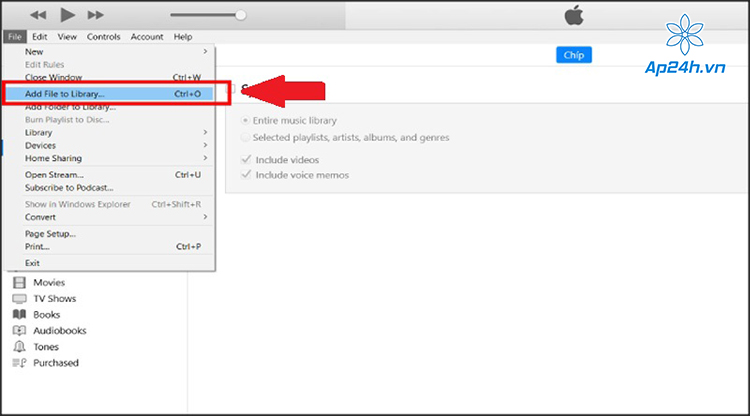 Chọn Add File to Library để vào thư viện nhạc
