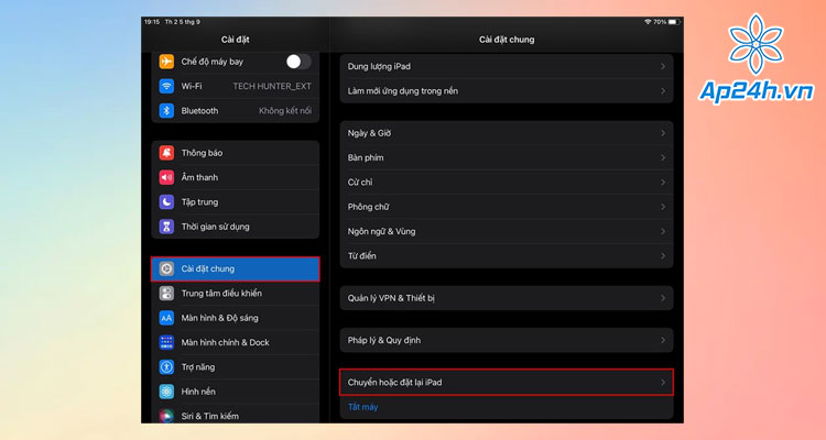  Chọn mục Chuyển hoặc đặt lại iPad