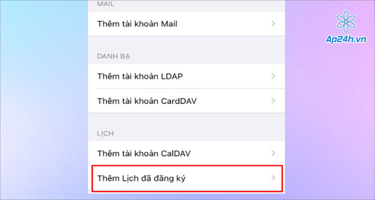 Chọn Thêm lịch đã đăng ký