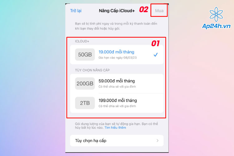 Tiến hành chọn gói dung lượng & thanh toán