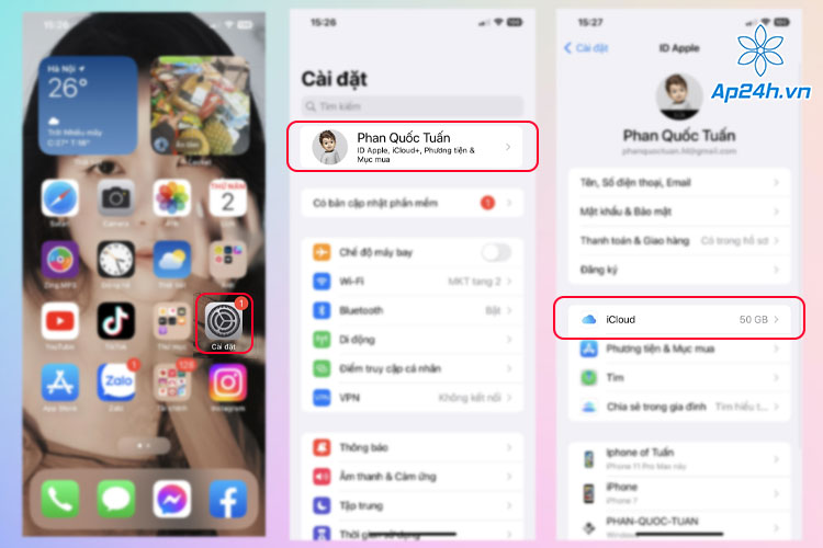 Nhấp vào iCloud trên Cài đặt iPhone