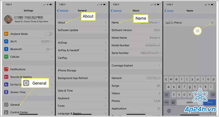 Đổi tên iPhone bằng Cài đặt