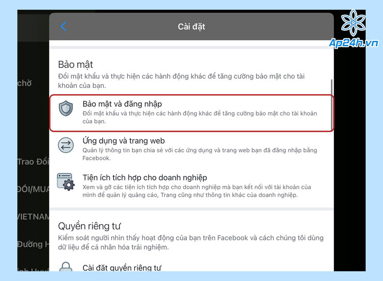  Chọn Bảo mật và đăng nhập