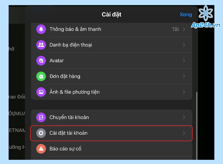  Chọn mục Cài đặt tài khoản