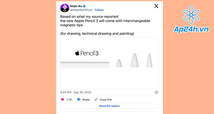 Apple Pencil 3 có thêm định dạng đầu bút