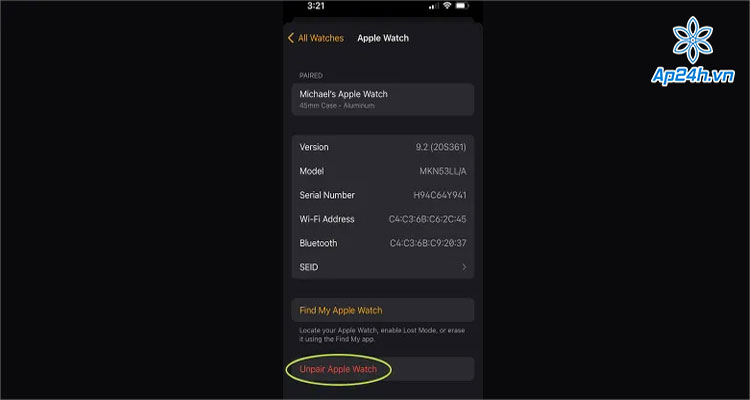  Nhấn chọn Unpair Apple Watch (huỷ kết nối Apple Watch)