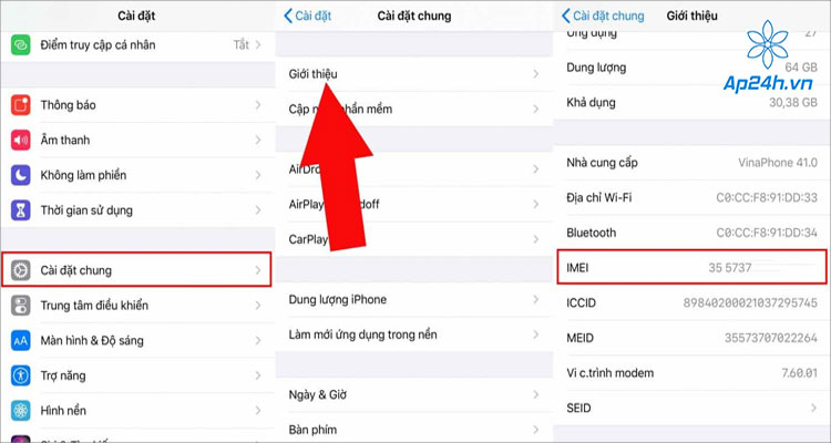 Check số IMEI iPhone trong ứng dụng Cài đặt
