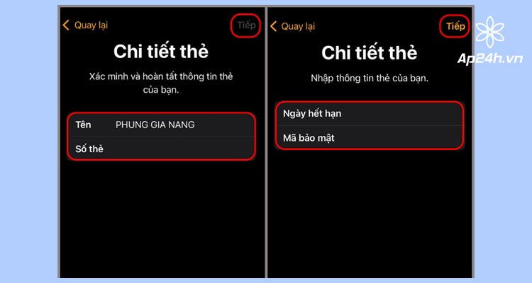Nhập các thông tin thẻ được yêu cầu