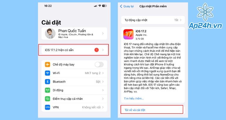  Hướng dẫn cập nhật iOS 17.2