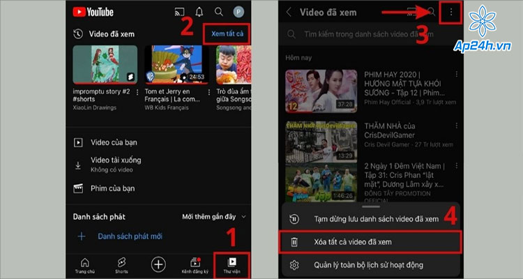  Chọn xóa tất cả video đã xem