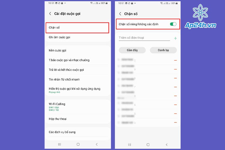 Kích hoạt Chặn số riêng/không xác định