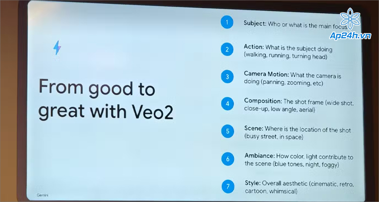 Theo Google, khi viết prompt cho Veo 2, cần nêu ra cụ thể về 7 yếu tố