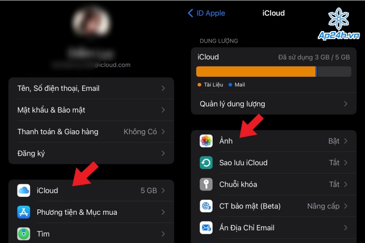 Chọn iCloud rồi nhấn Ảnh