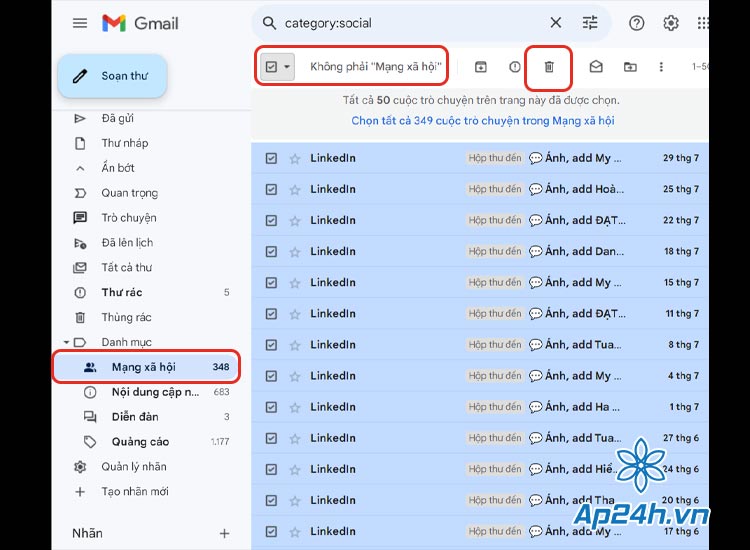 Mở cài đặt Gmail trong mục Thông báo