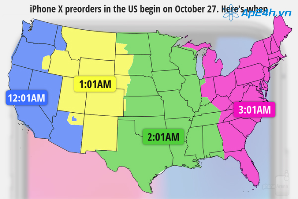 Ngày phát hành và thời gian bắt đầu đặt hàng cho từng khu vực tại Mỹ cho iPhone X