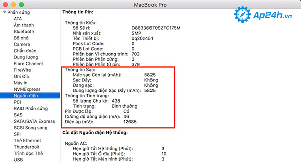 Các thông số Pin Macbook khi đã được kiểm tra